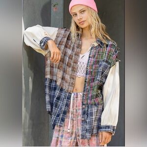 New POL Patchwork Plaid Button-Up Oversized Plaid Denim Shacket Size Small